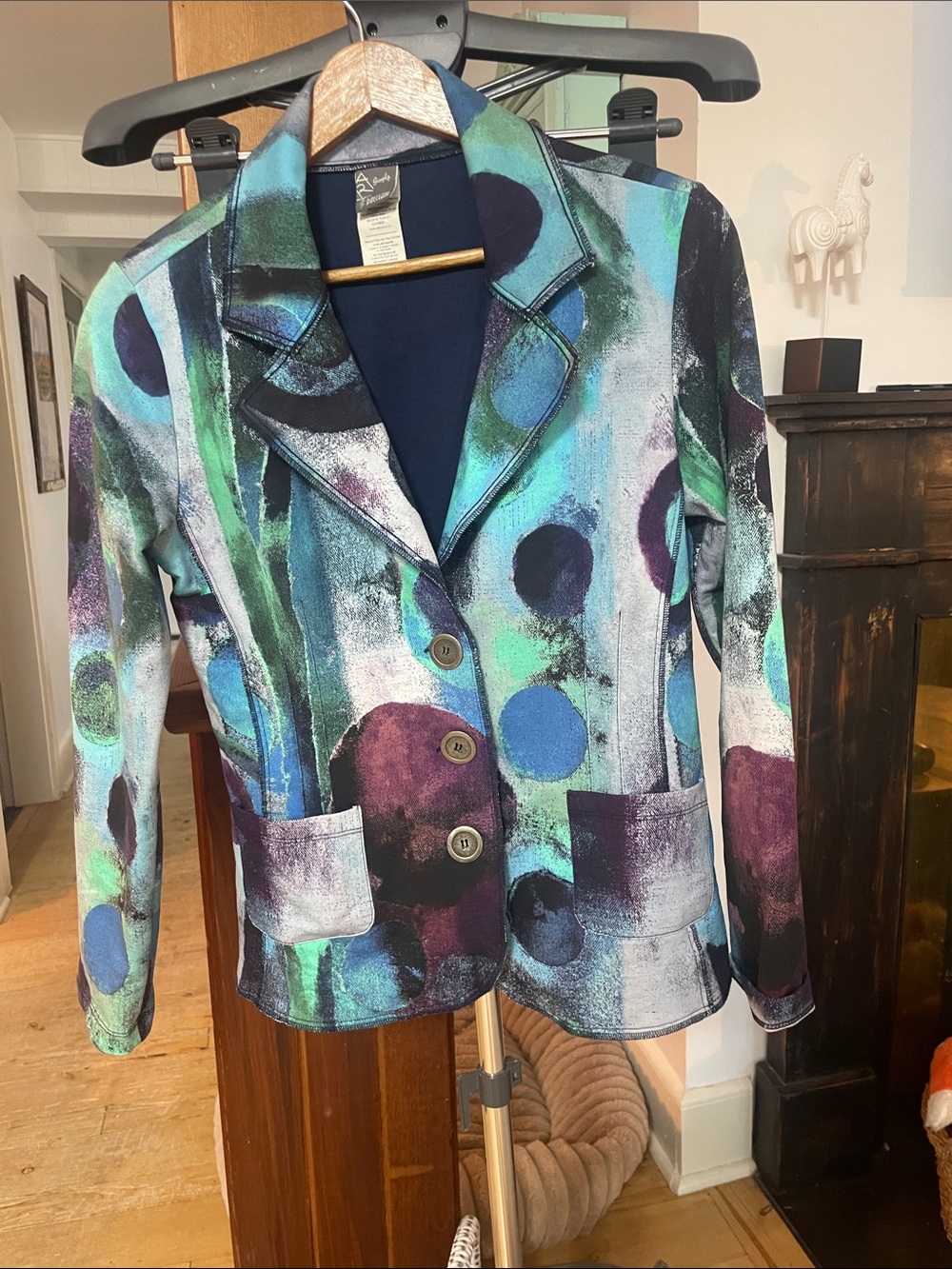 Abstract Dot Print Women's Blazer Jacket in Teal, Navy & Purple